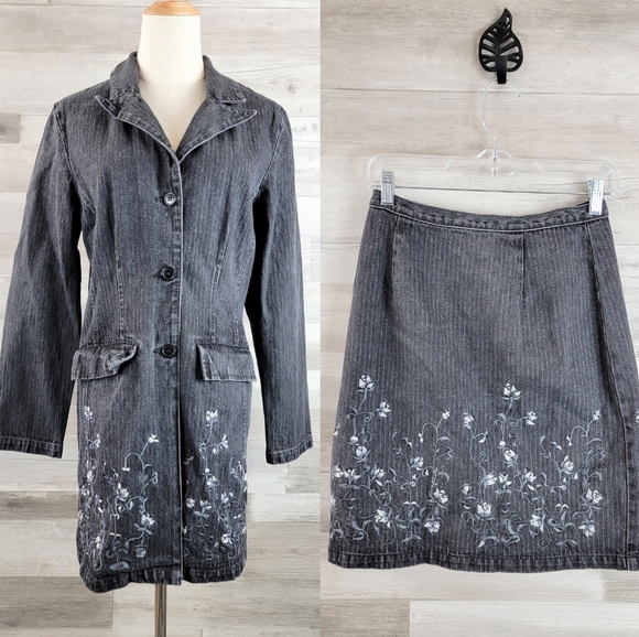 Style Works Dresses & Skirts - Vintage Style Works Denim Floral Embroidered Midi Skirt Coat Set Women's Size 6